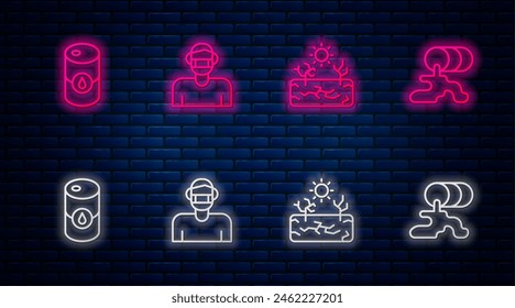 Fije la cara en la máscara protectora, la sequía, el aceite del barril y la fuga. Icono de neón brillante en la pared de ladrillo. Vector