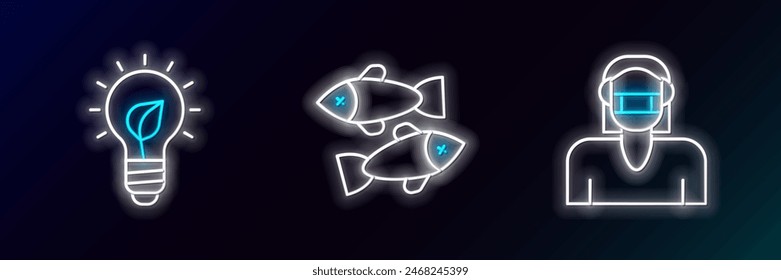 Set line Cara en máscara protectora, Bombilla con hoja e icono de pez muerto. Neón brillante. Vector