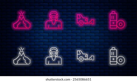 Set line Face in protective mask, Car exhaust, Volcano eruption with lava and Battery. Glowing neon icon on brick wall. Vector