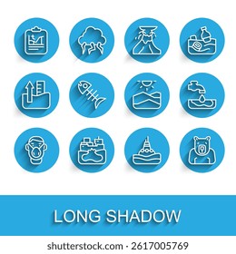 Set line Face in protective mask, Wrecked oil tanker ship, Global warming, Floating buoy on the sea, Polar bear head, Dead fish, Water problem and Drought icon. Vector
