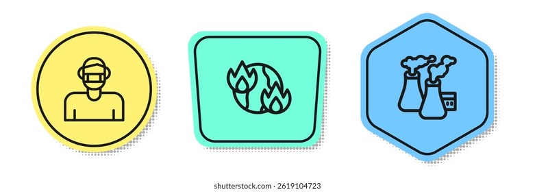 Set line Face in protective mask, Global warming fire and Smoke from factory. Colored shapes. Vector