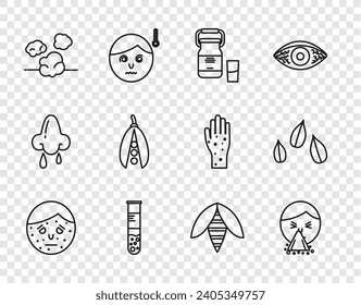 Set line Face with psoriasis or eczema, Handkerchief to his runny nose, Can container for milk, Test tube flask, Dust, Kidney beans, Bee and Sesame seeds icon. Vector