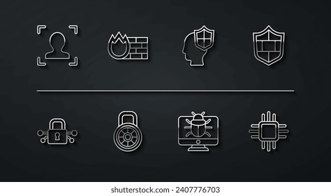 Set line Face recognition, Cyber security, Shield with brick wall, System bug monitor, Safe combination lock, Firewall,, Processor microcircuits CPU and Head shield icon. Vector