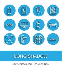 Set line Face recognition, Door handle, Bullet, Binary code, Flasher siren, Lock computer monitor, Barbed wire and Police electric shocker icon. Vector