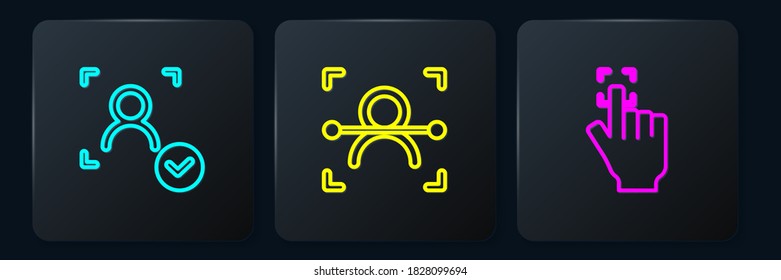 Set line Face recognition, Fingerprint and . Black square button. Vector