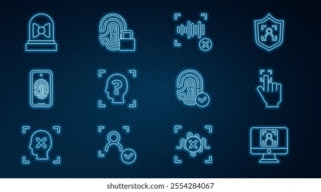 Set line Face recognition, Fingerprint, Rejection voice, Mobile with fingerprint scan, Motion sensor,  and lock icon. Vector