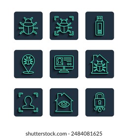 Fije la línea Reconocimiento facial, Casa con escaneo ocular, Ciberseguridad, unidad flash USB, pantalla de Cuenta de Create, error del sistema e ícono del sistema. Vector