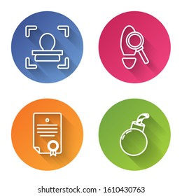 Set line Face recognition, Magnifying glass with footsteps, Certificate template and Bomb ready to explode. Color circle button. Vector