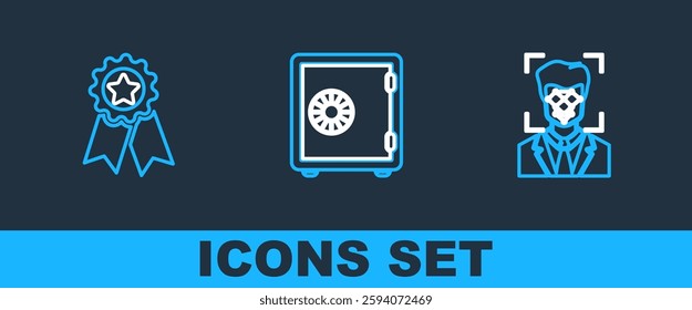 Set line Face recognition, Medal with star and Safe icon. Vector