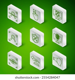Set line Face recognition, Palm print, Shield face, Fingerprint, Eye scan and Monitor with fingerprint icon. Vector