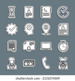 Set line Face recognition, Stopwatch, Resume, Phone book, Human head with gear inside, Approved and check mark, Old hourglass and Cash location pin icon. Vector