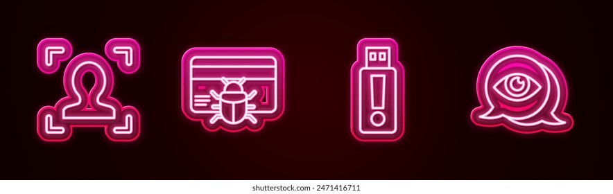 Fijar el reconocimiento facial, error del sistema en la tarjeta de crédito, unidad flash USB y escaneo ocular. Icono de neón brillante. Vector