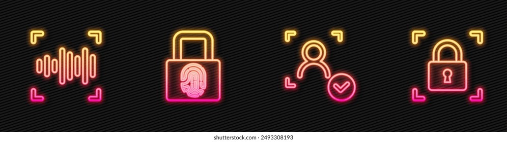 Set line Face recognition, Voice, Fingerprint with lock and . Glowing neon icon. Vector