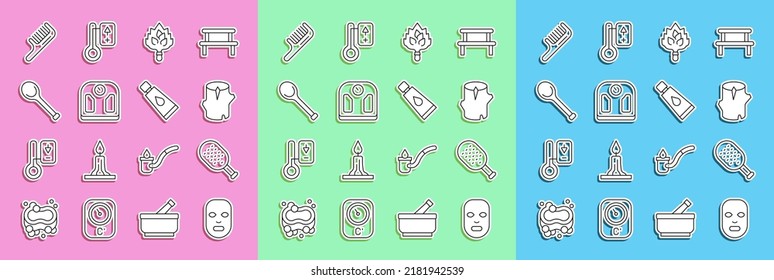 Set line Facial cosmetic mask, Sauna brush, Wooden log, broom, Bathroom scales, ladle, Hairbrush and Cream or lotion tube icon. Vector