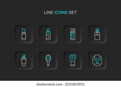 Set line Facial cosmetic mask, Makeup brush, Hand mirror, Tube of hand cream, Bottle liquid soap, Shaving gel foam, Essential oil bottle and Lipstick icon. Vector