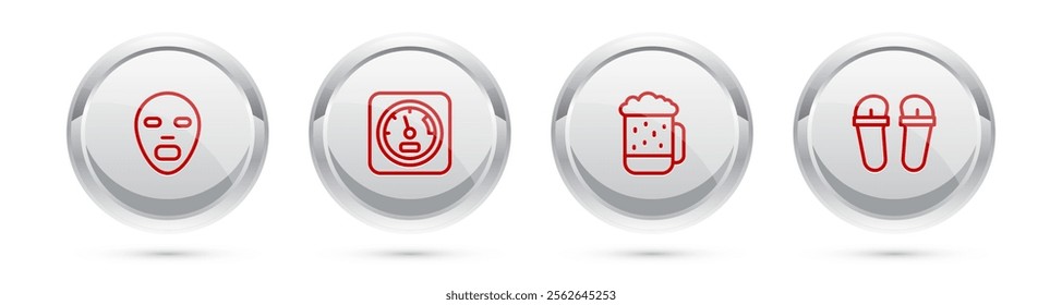 Set line Facial cosmetic mask, Sauna thermometer, Wooden beer mug and Flip flops. Silver circle button. Vector