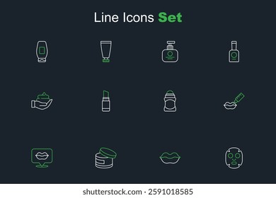 Set line Facial cosmetic mask, Smiling lips, Cream or lotion tube, Lip augmentation, Deodorant roll, Lipstick and Shaving foam hand icon. Vector