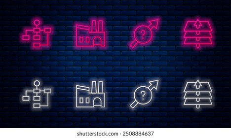 Definir linha Fatory, Seta, Hierarquia organograma e Camadas. Ícone de néon brilhante na parede de tijolos. Vetor