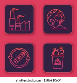 Set line Factory, Battery with recycle symbol line, Earth globe and plant and Recycle bin with recycle symbol. Blue square button. Vector
