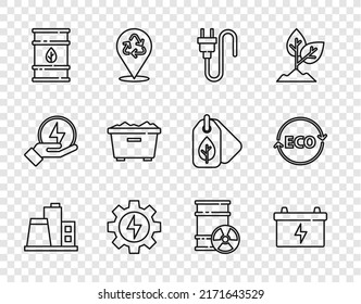 Set Line Factory, Car Battery, Electric Plug, Gear And Lightning, Bio Fuel Barrel, Trash Can, Radioactive Waste And Label For Eco Healthy Food Icon. Vector