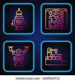 Set line Factory conveyor system belt, Drone delivery concept, Robot and Global technology or social network. Gradient color icons. Vector