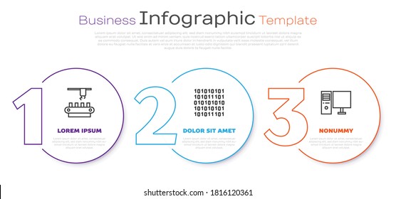 Set line Factory conveyor system belt, Binary code and Computer monitor. Business infographic template. Vector