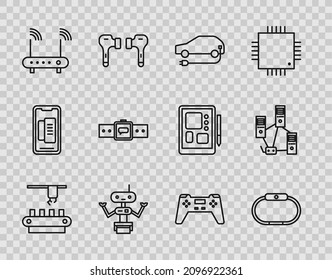 Set line Factory conveyor system belt, Smartwatch, Electric car, Robot, Router and wi-fi signal, Gamepad and Computer network icon. Vector