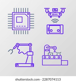 Set line Factory conveyor system belt, Industrial machine robotic robot arm hand factory, Remote aerial drone and Processor with microcircuits CPU icon. Vector