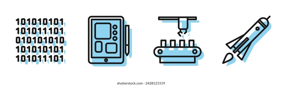 Set line Factory conveyor system belt, Binary code, Graphic tablet and Rocket ship with fire icon. Vector