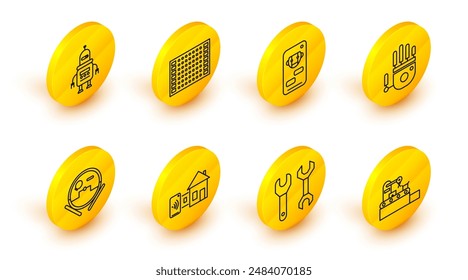 Set line Cinta transportadora de fábrica, llave inglesa, hogar inteligente, aspiradora robot, mano robot mecánica, bot, placa de circuito impreso PCB e icono. Vector