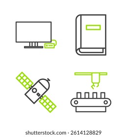 Set line Factory conveyor system belt, Satellite, User manual and Smart Tv icon. Vector