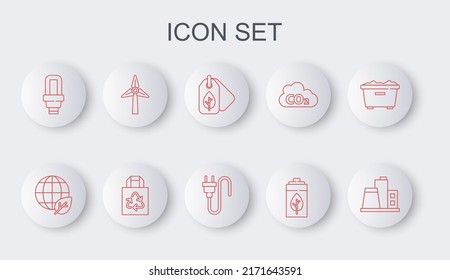 Set line Factory, Earth globe and leaf, Tag with, Eco nature battery, LED light bulb, Wind turbine, Paper bag recycle and Electric plug icon. Vector