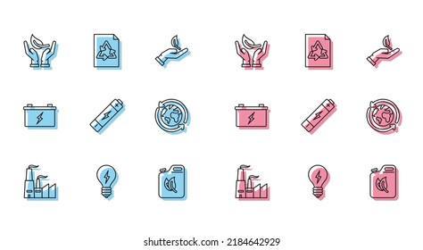 Set line Factory, Light bulb with lightning symbol, Sprout hand of environmental protection, Bio fuel canister, Battery, Planet earth recycling, Car battery and Paper recycle icon. Vector