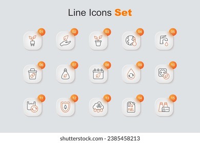 Set line Factory production, Bio fuel canister, Acid rain radioactive cloud, Shield with leaf, Shopping bag recycle, Electrical outlet, Recycle clean aqua and Calendar autumn leaves icon. Vector