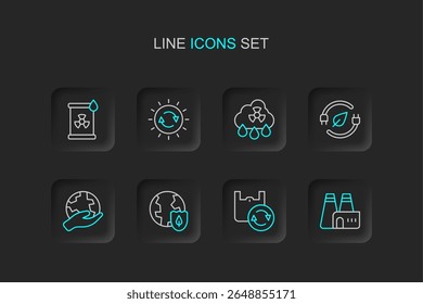 Set line Factory production, Earth shield, Hand holding globe, Electric saving plug leaf, Acid rain radioactive cloud, Solar energy panel and Radioactive waste barrel icon. Vector