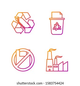 Set line Factory, Say no to plastic bags poster, Recycling plastic bottle and Recycle bin with recycle symbol. Gradient color icons. Vector