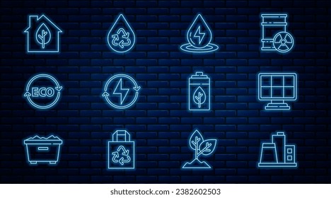 Set line Factory, Solar energy panel, Water, Lightning bolt, Label for eco healthy food, Eco friendly house, nature leaf and battery and Recycle clean aqua icon. Vector