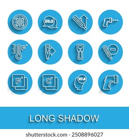 Set line Fahrenheit, Celsius, Snowflake, High human body temperature, Digital thermometer, Medical and  icon. Vector