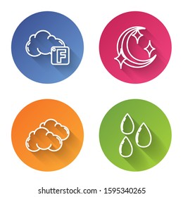 Set line Fahrenheit and cloud, Moon and stars, Cloud and Water drop. Color circle button. Vector