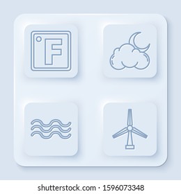 Set line Fahrenheit, Cloud with moon and stars, Waves and Wind turbine. White square button. Vector