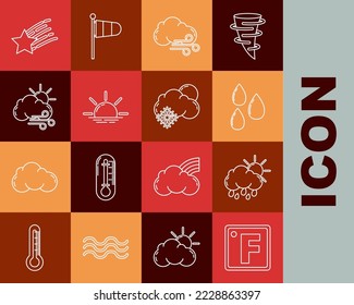 Set line Fahrenheit, Cloud with rain and sun, Water drop, Windy weather, Sunrise, Falling star and snow icon. Vector