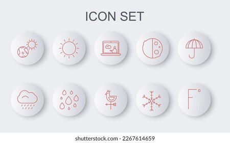 Set line Fahrenheit, Cloud with rain, Weather forecast, Snowflake, Earth globe and sun, Sun, Water drop and Rooster weather vane icon. Vector
