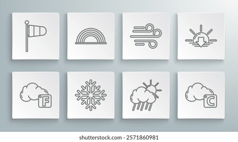 Set line Fahrenheit and cloud, Rainbow with clouds, Snowflake, Cloud rain sun, Celsius, Wind, Sunset and Cone meteorology windsock wind vane icon. Vector