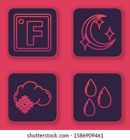 Set line Fahrenheit, Cloud with snow, Moon and stars and Water drop. Blue square button. Vector