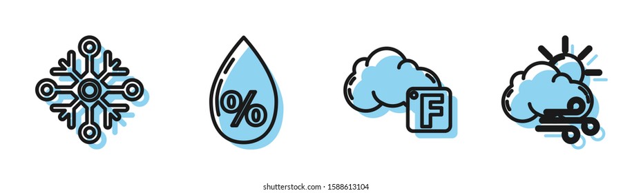 Set line Fahrenheit and cloud, Snowflake, Water drop percentage and Windy weather icon. Vector