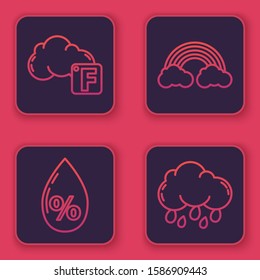 Set line Fahrenheit and cloud, Water drop percentage, Rainbow with clouds and Cloud with rain. Blue square button. Vector