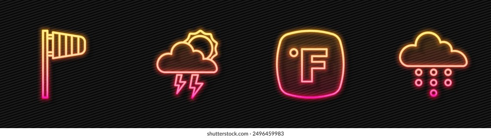 Set line Fahrenheit, Cone windsock wind vane, Storm and Cloud with rain. Glowing neon icon. Vector