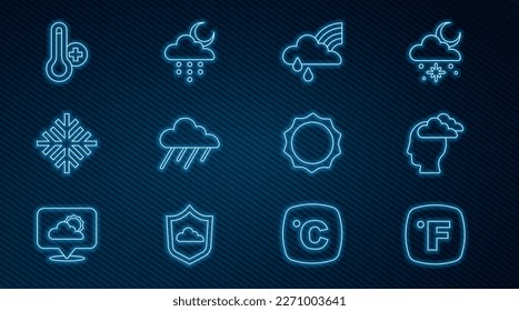 Die Linie Fahrenheit, Mann mit Kopfschmerzen, Regenbogen mit Wolke und Regen, Wolke, Schneeflocken, Thermometer für Meteorologie, Sonne und Mond. Vektorgrafik