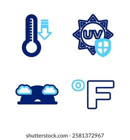 Set line Fahrenheit, Rainbow with clouds, UV protection and Meteorology thermometer icon. Vector