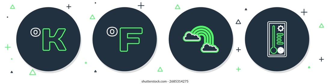 Set line Fahrenheit, Rainbow with clouds, Kelvin and Meteorology thermometer icon. Vector